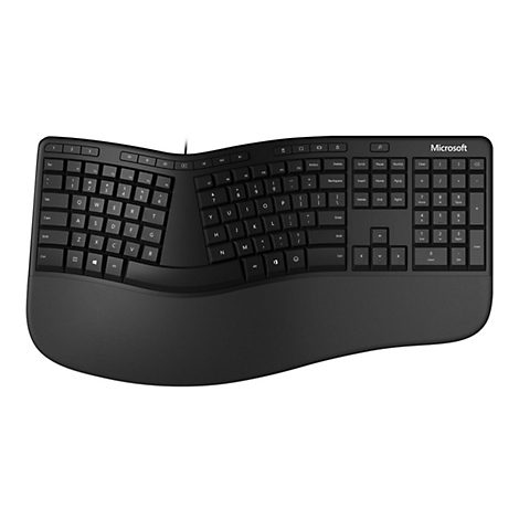Clavier ergonomique noir Microsoft. Le clavier a une forme incurvée avec un clavier divisé et un repose-poignet intégré.