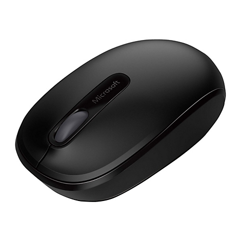 Souris d'ordinateur noire avec logo Microsoft et molette de défilement.