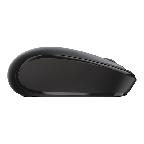 Souris d'ordinateur noire de profil, surface lisse, forme arrondie.