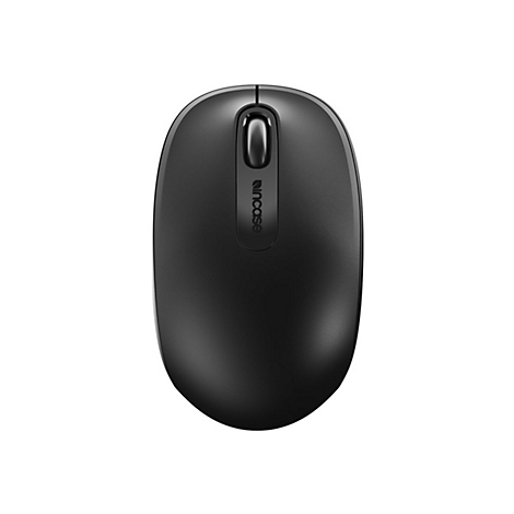 Souris d'ordinateur noire, de forme ovale, avec molette et logo "incase".
