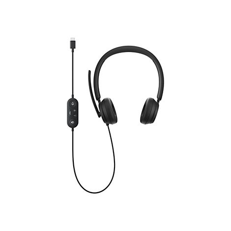 Schwarzes On-Ear-Headset mit Kabelfernbedienung und USB-C-Anschluss vor weißem Hintergrund.