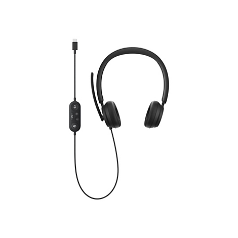 Schwarzes On-Ear-Headset mit Kabelfernbedienung und USB-C-Anschluss vor weißem Hintergrund.