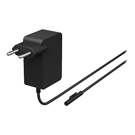 Schwarzes LadegerÃ¤t fÃ¼r elektronische GerÃ¤te mit zwei Stiften, Kabel.