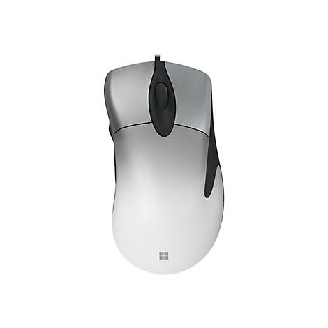 Graue Computermaus mit Scrollrad und Microsoft-Logo.