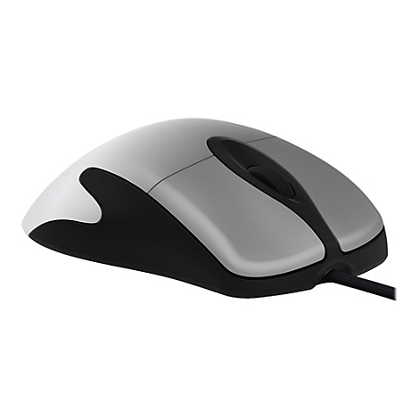 Graue Computermaus mit schwarzem Unterteil und Kabel, auf weiÃŸem Hintergrund.