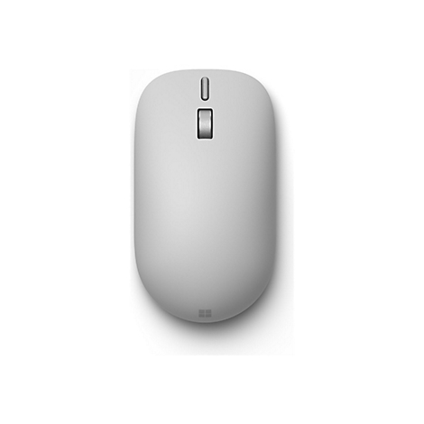 Draufsicht auf eine minimalistische hellgraue Microsoft-Computermaus vor weißem Hintergrund.