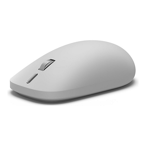 Eine minimalistische, hellgraue kabellose Computermaus auf weißem Hintergrund.