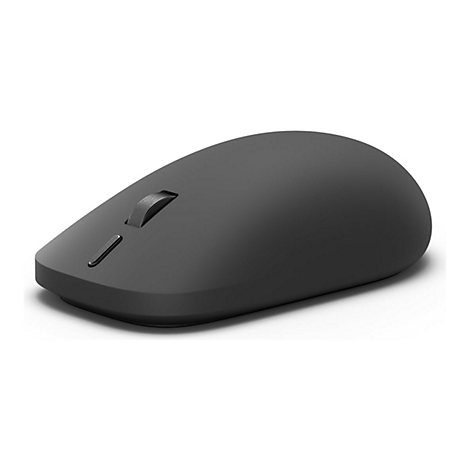 Schwarze, minimalistische Computermaus mit abgerundetem Design auf weißem Hintergrund.