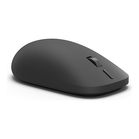 Schwarze, minimalistische Computermaus vor weißem Hintergrund.