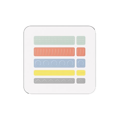 Quadratische, weiße Basisplatte mit fünf farbigen Reihen geometrischer Silikon-Formen für Kinder.