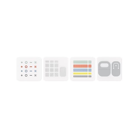 Vier quadratische Icons zeigen verschiedene Benutzerschnittstellen-Elemente in minimalistischem, grauem Design.