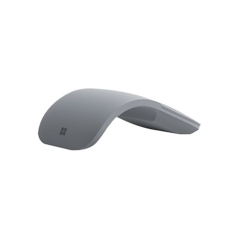Graue, geschwungene Microsoft Arc Maus auf weißem Hintergrund.