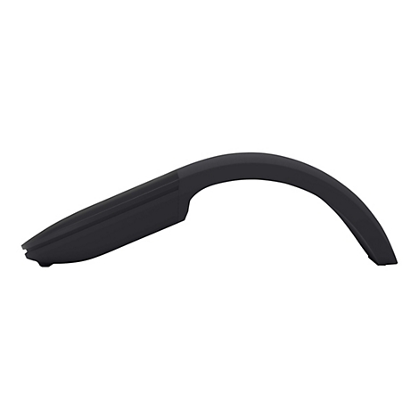 Seitenansicht einer schwarzen, ergonomisch gebogenen Computermaus vor weißem Hintergrund.
