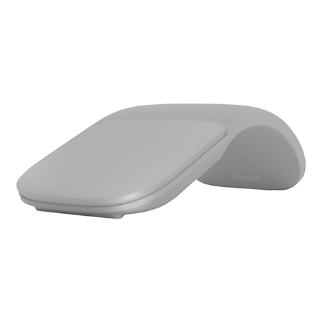 Souris d'ordinateur incurvÃ©e gris clair. Le mot Microsoft est visible sur le cÃ´tÃ©.