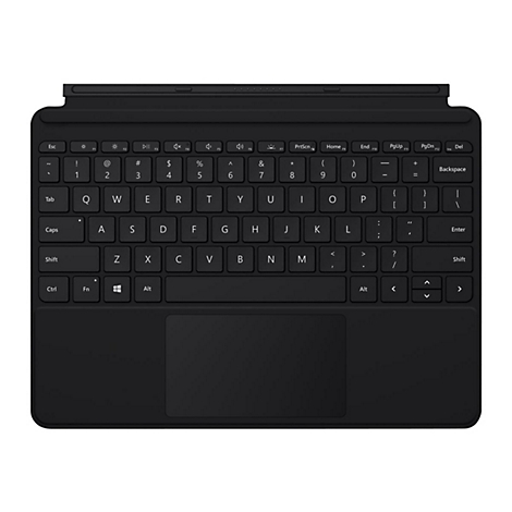Clavier noir avec touches, pavé tactile et logo Microsoft. Vue de dessus, clairement visible.