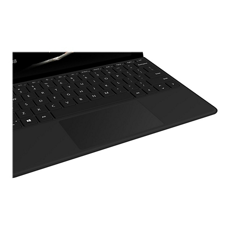 Nahaufnahme der schwarzen Tastatur und des Touchpads eines Microsoft Surface Pro Keyboards.