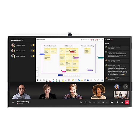 Digitales Whiteboard zeigt eine Videokonferenz mit interaktivem Brainstorming und Chat-Fenster.