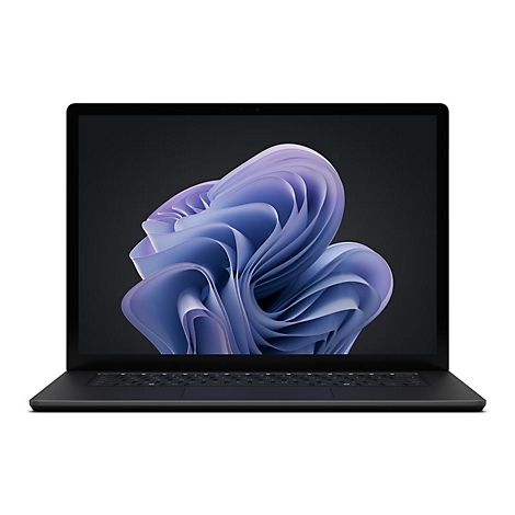 Schwarzer Laptop mit geÃ¶ffnetem Display. Der Bildschirm zeigt ein blau-lilafarbenes, wellenfÃ¶rmiges Muster vor schwarzem Hintergrund.