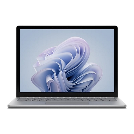 Grauer Laptop, geÃ¶ffnet mit blauer, abstrakt geformter Grafik auf dem Bildschirm.