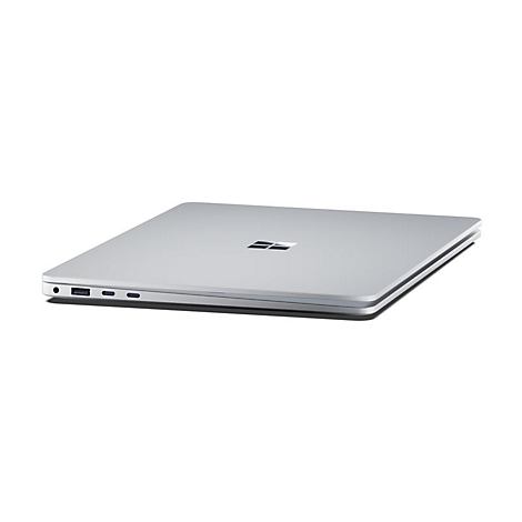 Ein silbernes, geschlossenes Laptop auf weiÃŸem Hintergrund. Auf der Oberseite ist ein Microsoft-Logo.