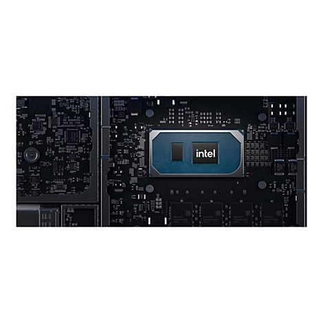 Detailaufnahme eines Computer-Motherboards mit einem Intel-Chip. Die Chip-Oberfläche ist blau und trägt den Schriftzug "intel".