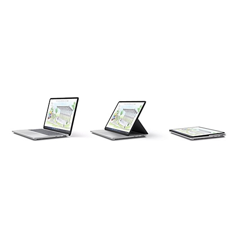 Drei Laptops in verschiedenen Positionen auf weißem Hintergrund, die Bildschirme zeigen Zeichnungen.
