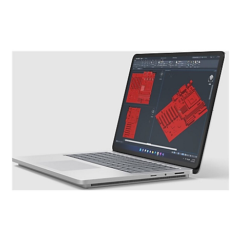 Grauer Laptop, der ein rotes CAD-Design einer Leiterplatte zeigt. Der Bildschirm ist leicht geöffnet.