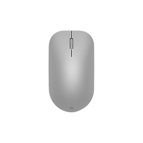 Une souris d'ordinateur grise, de forme ovale, avec une molette de dÃ©filement, une ligne noire sur le dessus. Un logo Microsoft est visible en bas.