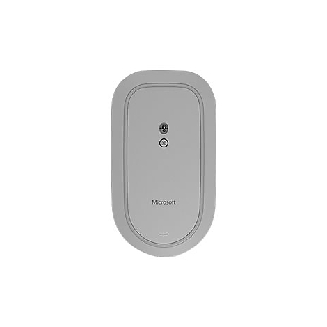 Souris d'ordinateur grise, vue de dessus. L'inscription Microsoft est visible, Ã  cÃ´tÃ© d'un bouton et d'un symbole. Fond blanc.