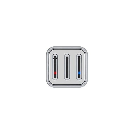 Panneau de commande gris avec trois curseurs verticaux, un marqueur rouge et bleu.