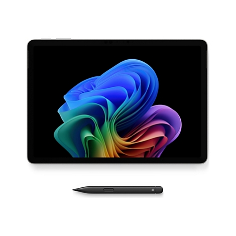 Draufsicht auf Tablet mit Stift. Auf dem Bildschirm abstraktes Design in Regenbogenfarben.