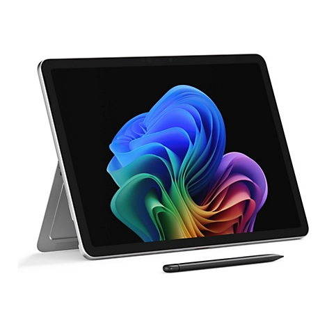 Ein Tablet mit schwarzem Bildschirm, darauf ein farbenfrohes, abstraktes Design. Darunter ein schwarzer Stift. Das Tablet steht auf einer Halterung.
