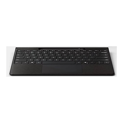 Schwarzes Tablet-Tastatur-Cover mit integriertem Touchpad und Stift-Halterung vor neutralem Hintergrund.
