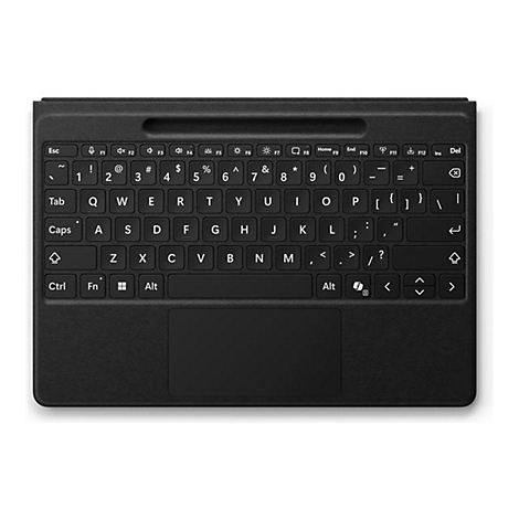 Draufsicht einer schwarzen, schlanken Tastatur mit Trackpad und einer Aussparung für einen Stift oberhalb der Tasten.