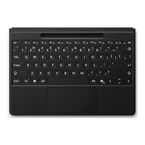 Schwarze Tablet-Tastatur mit Touchpad in der Draufsicht auf weißem Hintergrund.