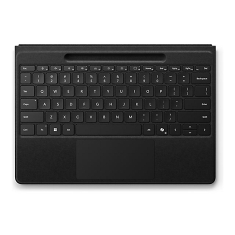 Schwarzes Tablet-Tastatur-Cover mit Touchpad und Stiftablage in der Ansicht von oben.
