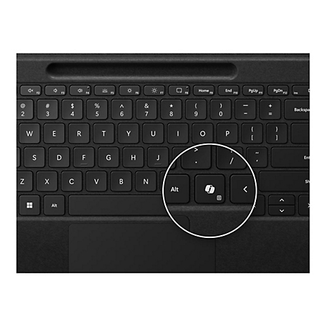 Nahaufnahme einer schwarzen Tastatur mit hervorgehobenem Icon des Stiftsymbols.