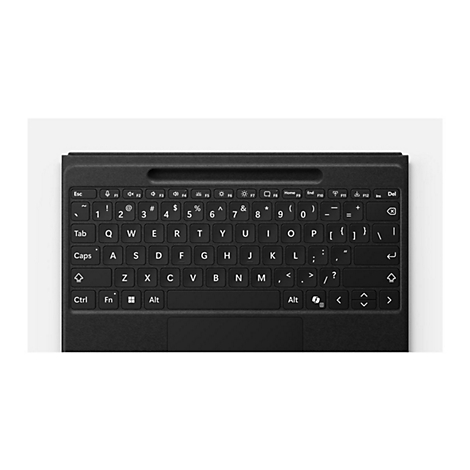 Schwarze Tastatur-Abdeckung für ein Tablet von oben gesehen, mit Fokus auf die Tasten und eine Stiftmulde.