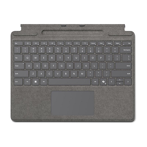 Draufsicht auf eine graue Microsoft Surface Tastatur mit Touchpad vor weißem Hintergrund.