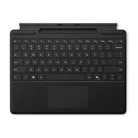 Schwarze Surface-Tastatur mit QWERTY-Layout und integriertem Touchpad in der Draufsicht.
