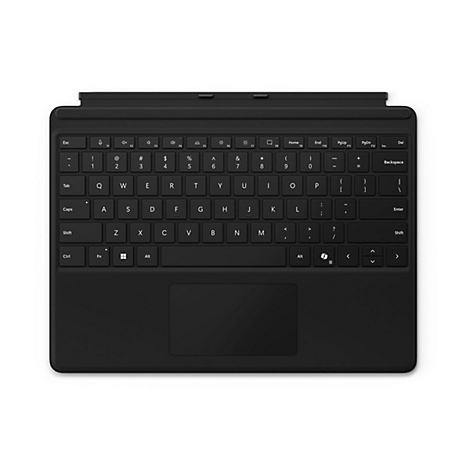 Schwarze Tastatur für ein Tablet mit Touchpad und QWERTY-Layout auf weißem Hintergrund.