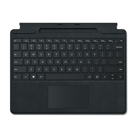 Schwarzes Microsoft Surface Keyboard mit Touchpad vor weißem Hintergrund.