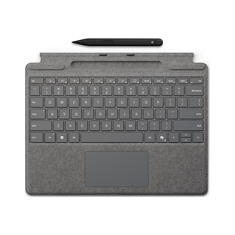Draufsicht einer grauen Microsoft Surface Signature Tastatur mit einem schwarzen digitalen Eingabestift darüber.