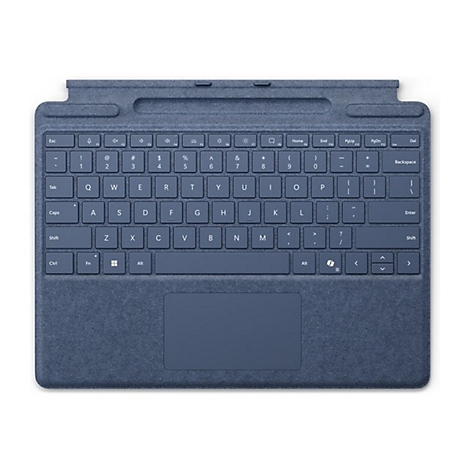 Dunkelblaues Microsoft Surface Pro Signature Keyboard von oben vor weißem Hintergrund.