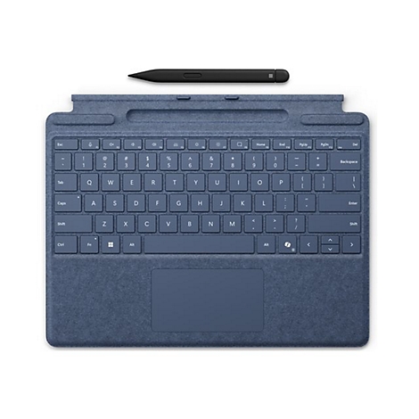 Dunkelblaues Microsoft Surface Type Cover mit Tastatur und Trackpad sowie einem passenden Eingabestift darüber.