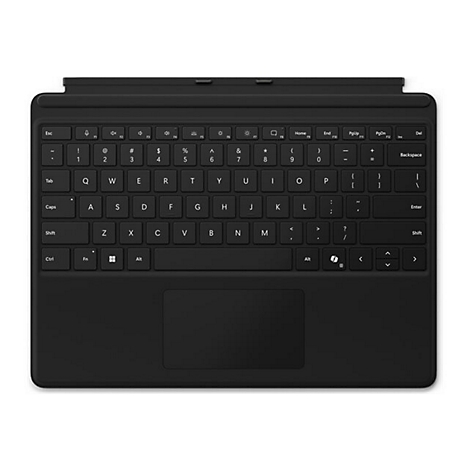 Schwarzes Microsoft Surface Keyboard mit QWERTY-Tastenlayout und integriertem Touchpad auf weißem Hintergrund.