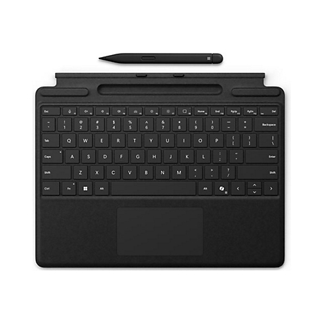 Schwarze Surface Tastatur mit Touchpad und Eingabestift vor weißem Hintergrund.