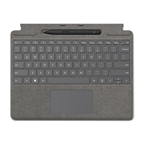 Graue Tastatur mit Stift, rechteckigem Touchpad und Tastenbeschriftungen.
