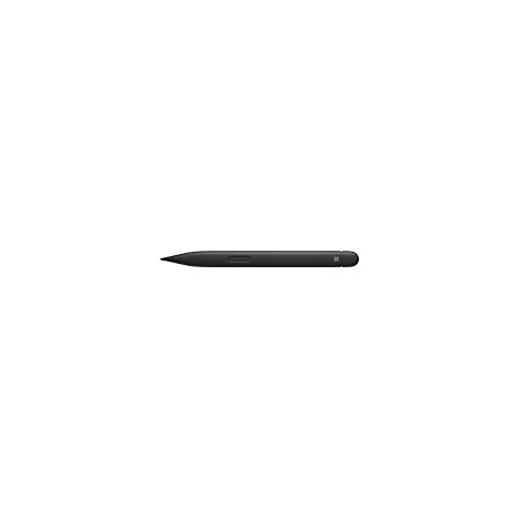Ein mattschwarzer Microsoft Surface Slim Pen liegt waagerecht vor einem weißen Hintergrund.