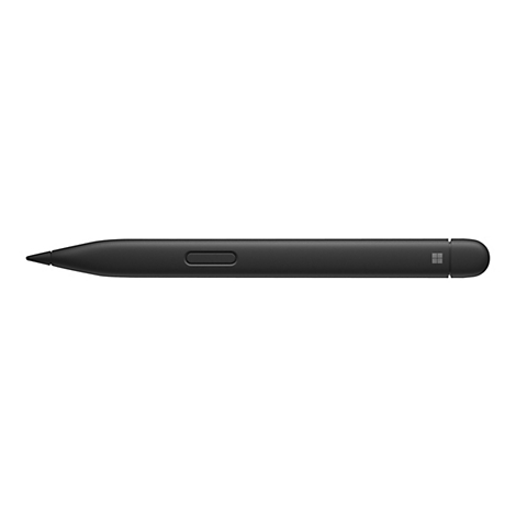 Stylet noir sur fond blanc, avec le logo Microsoft Ã  l'extrÃ©mitÃ©.